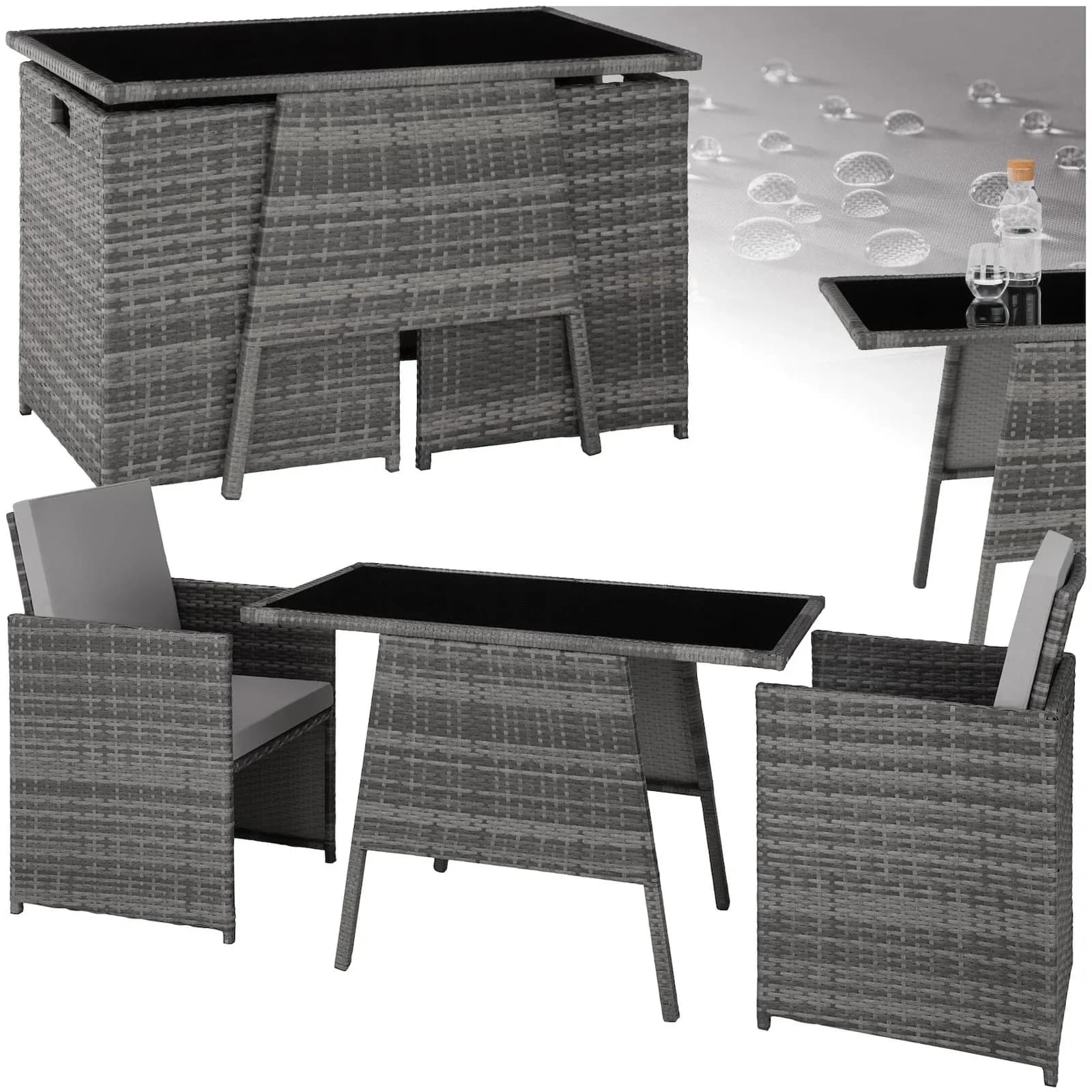 tectake Rattan Sitzgruppe 3-tlg. Grau mit Glasplatte