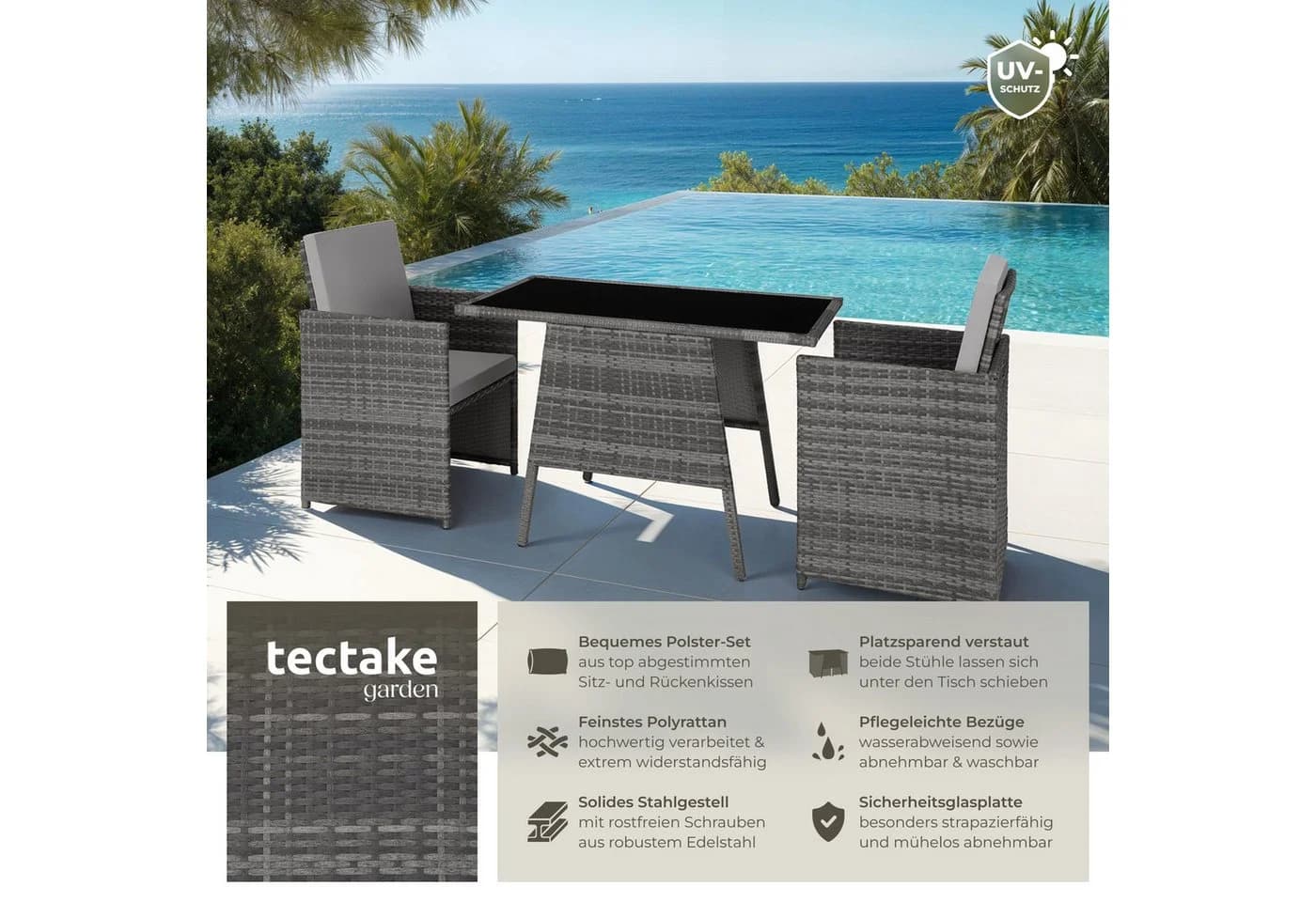 tectake Rattan Sitzgruppe 3-tlg. Grau mit Glasplatte - Bild 2