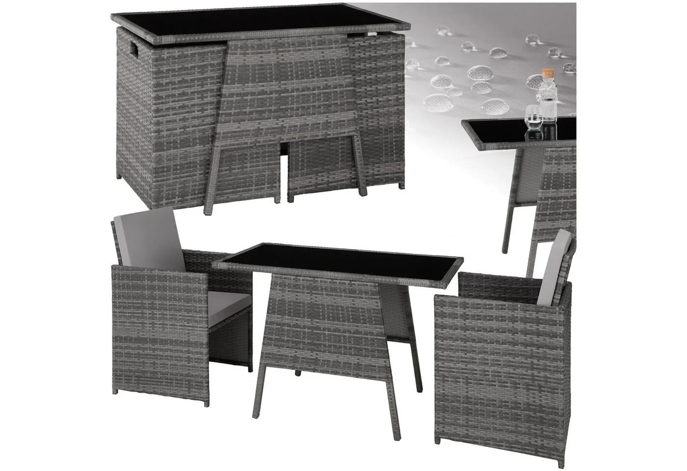 tectake Rattan Sitzgruppe 3-tlg. Grau mit Glasplatte - Bild 3