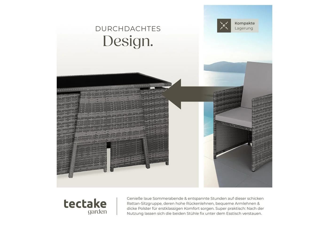 tectake Rattan Sitzgruppe 3-tlg. Grau mit Glasplatte - Bild 5