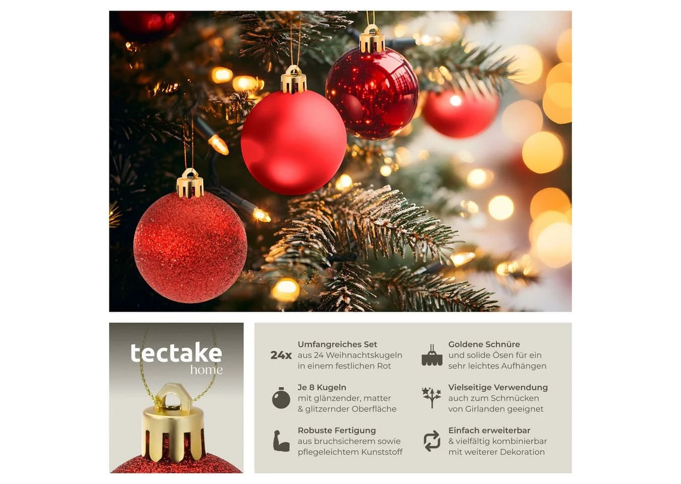 tectake Weihnachtskugeln 24er-Set Rot
