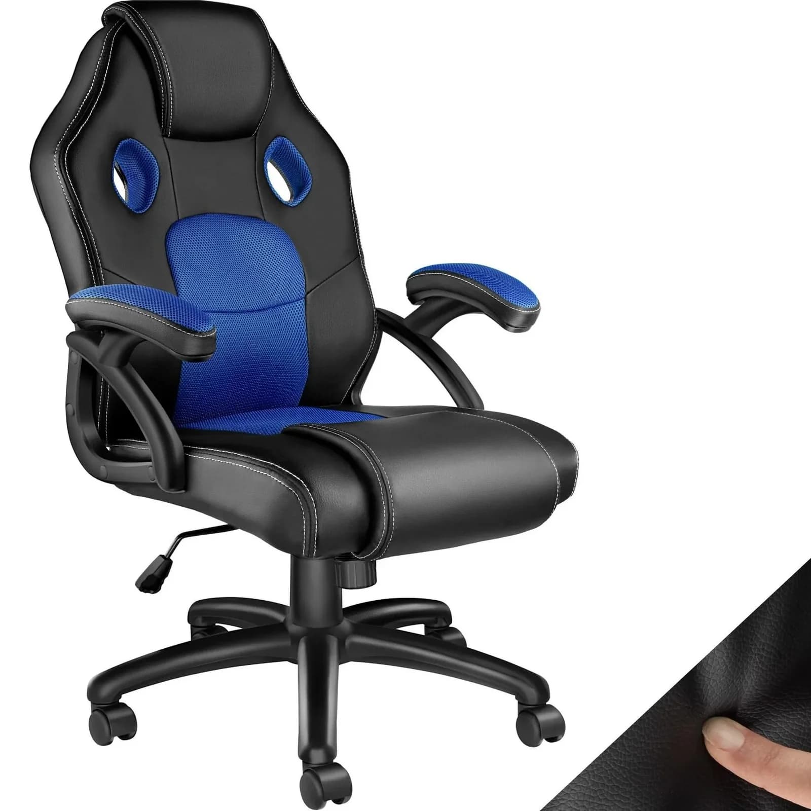 TECTAKE Gaming-Stuhl Bürostuhl Schwarz/Blau Mesh-Polsterung