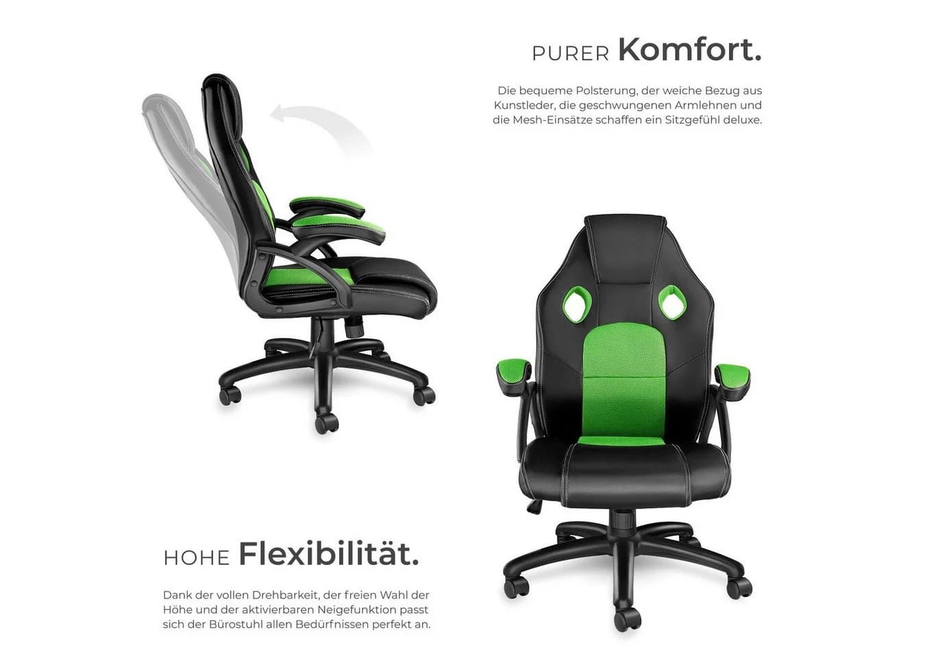 tectake Gaming-Stuhl Bürostuhl Schwarz/Grün mit Mesh-Einsätzen - Bild 4