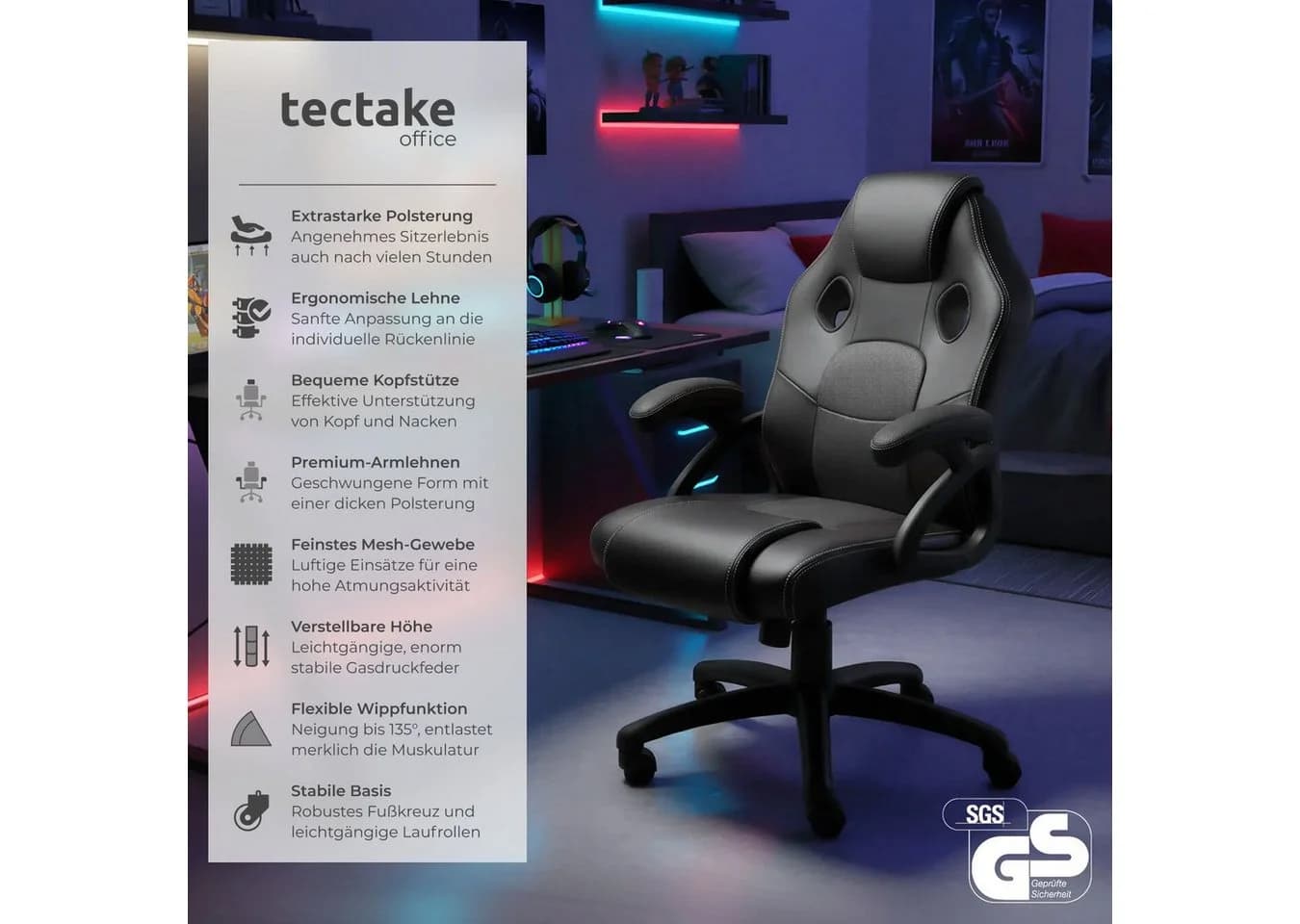 tectake Gaming-Stuhl Bürostuhl Schwarz Ergonomisch Mesh - Bild 2