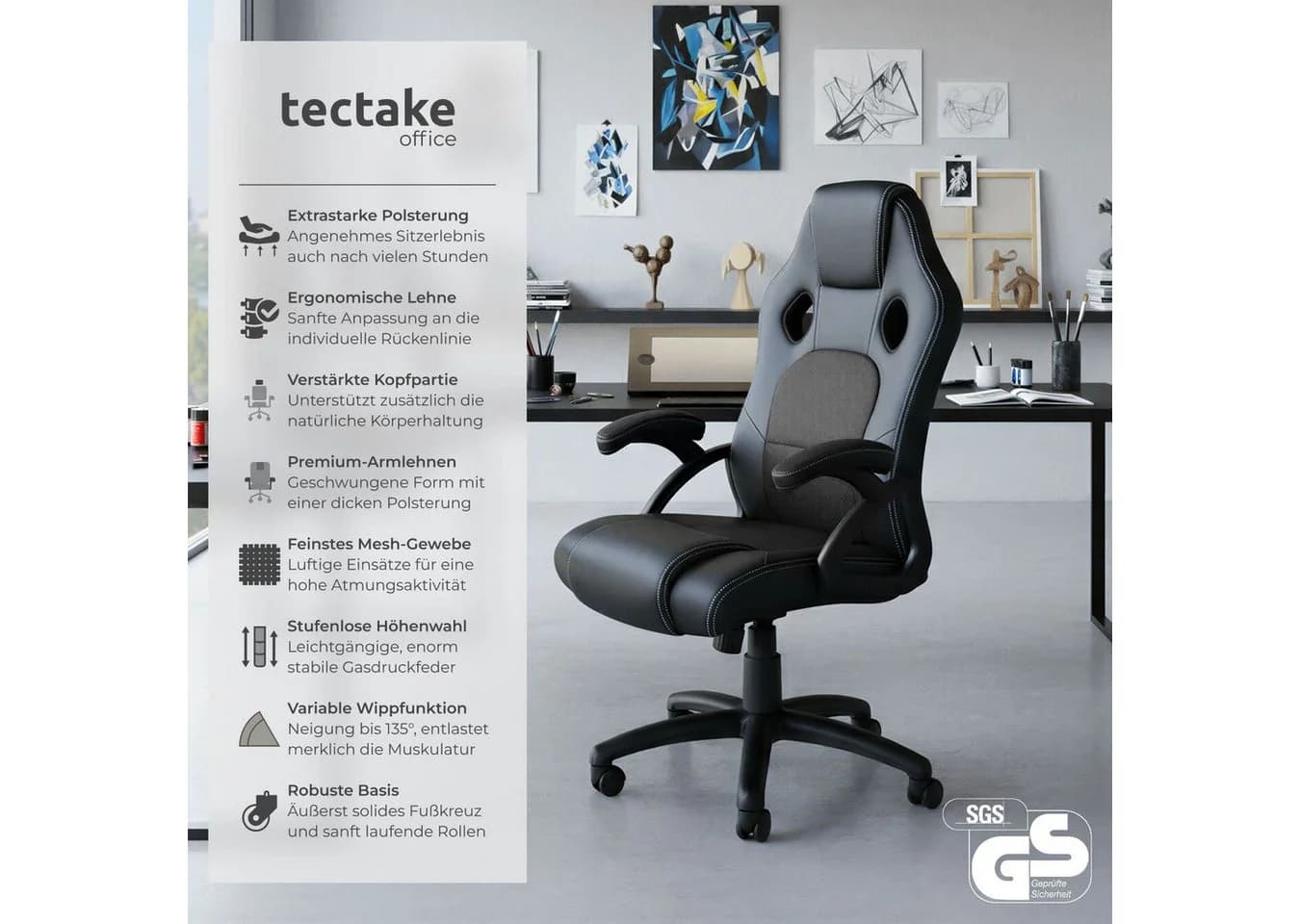 tectake Gaming-Stuhl Bürostuhl Schwarz Kunstleder Ergonomisch - Bild 2