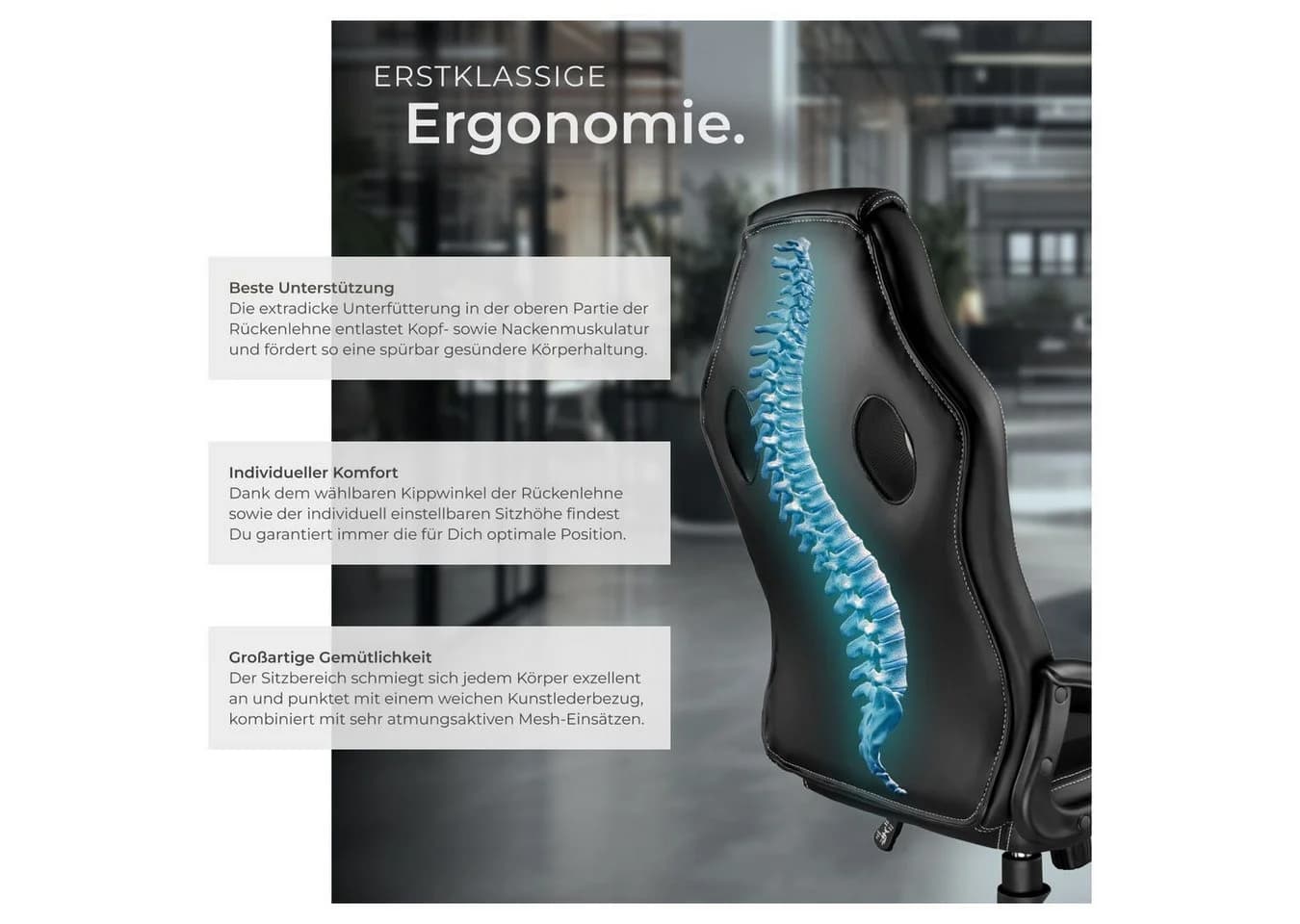 tectake Gaming-Stuhl Bürostuhl Schwarz Kunstleder Ergonomisch - Bild 5