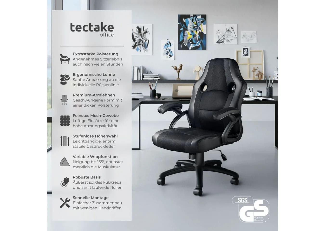 tectake Gaming-Stuhl Bürostuhl Schwarz Racing-Design - Bild 2