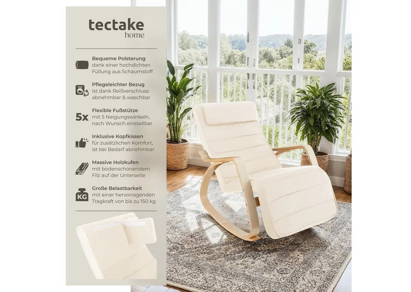 tectake Schaukelstuhl Relaxsessel Onda Beige mit verstellbarer Fußstütze - Bild 2