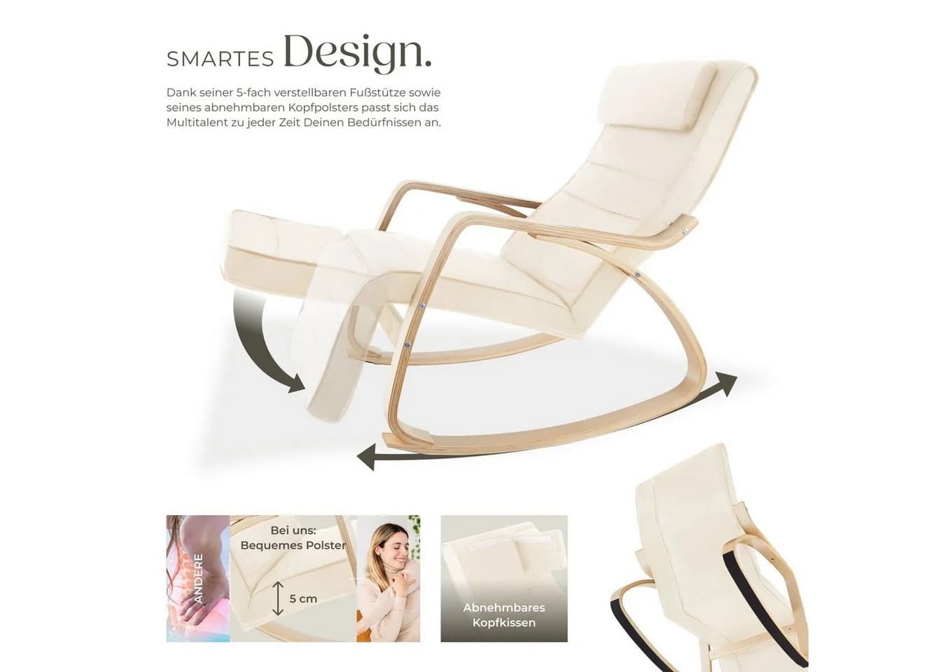 tectake Schaukelstuhl Relaxsessel Onda Beige mit verstellbarer Fußstütze - Bild 5
