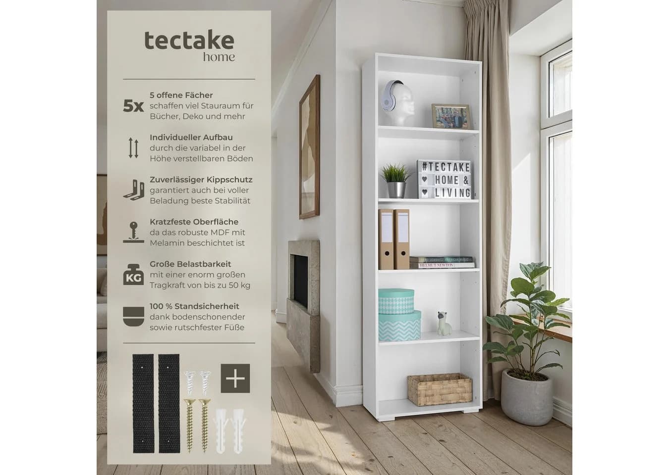 tectake Bücherregal Lexi Weiß Holzregal mit Kippschutz - Bild 2