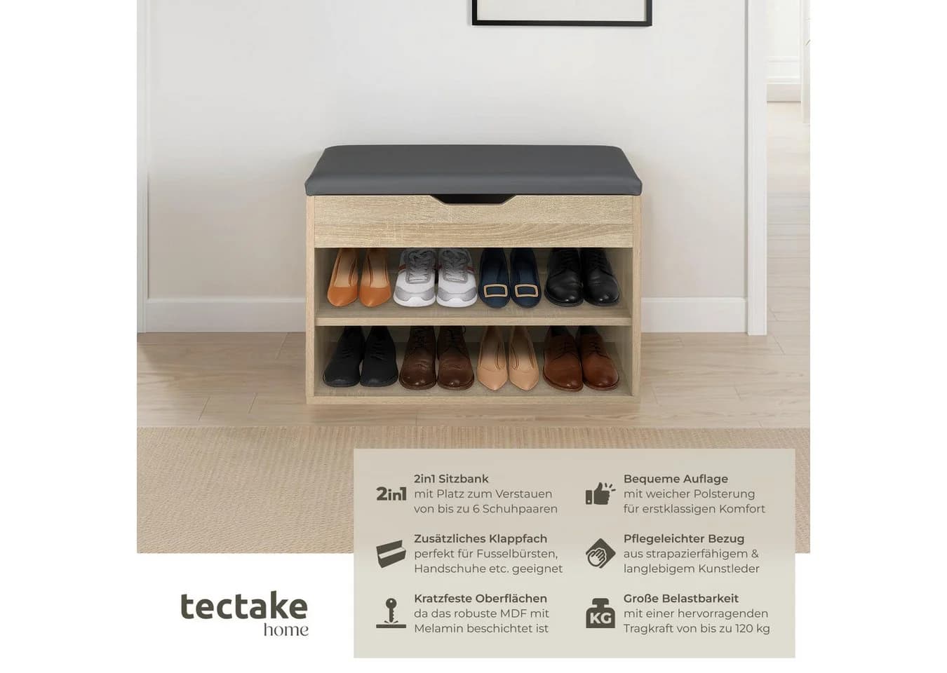 tectake Schuhschrank Schuhbank Jasmina mit Sitzpolster für 6 Paar Schuhe - Bild 2