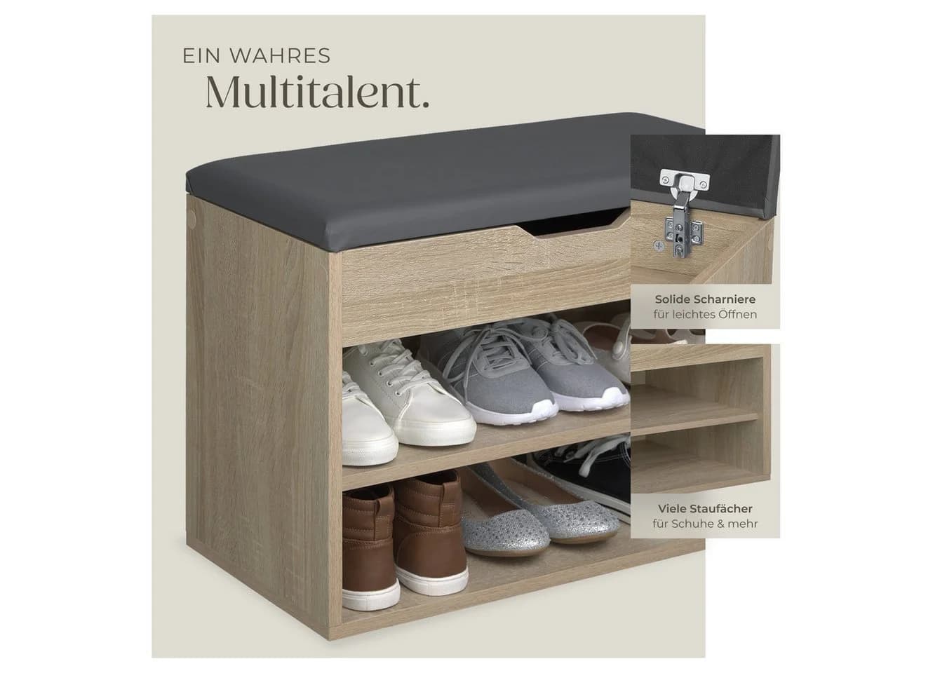 tectake Schuhschrank Schuhbank Jasmina mit Sitzpolster für 6 Paar Schuhe - Bild 5