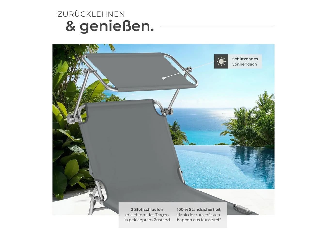 tectake Gartenliege Grau mit Sonnendach & Verstellbarer Lehne - Bild 5