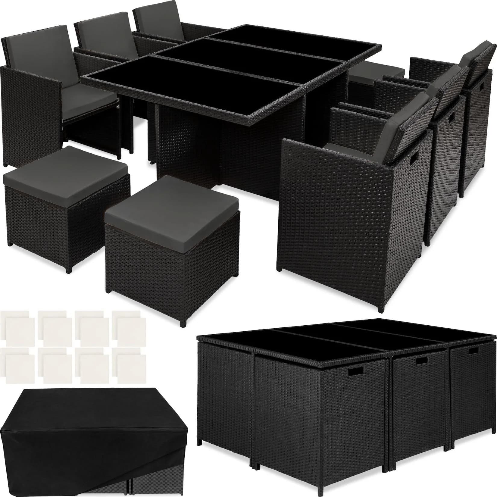 tectake Sitzgruppe New York 14-tlg. Schwarz Grau Beige Poly Rattan