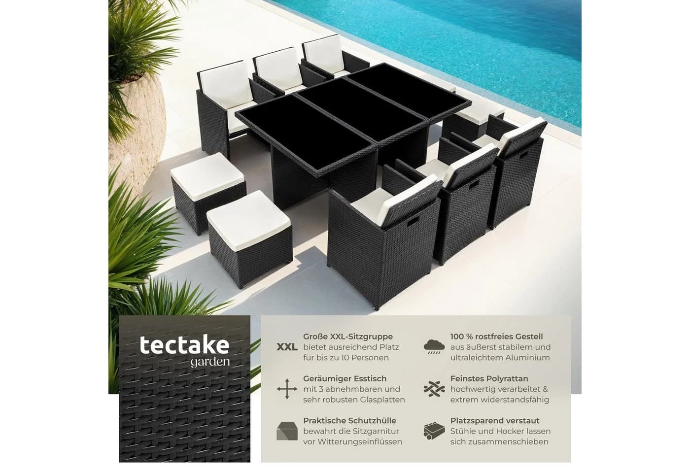 tectake Sitzgruppe New York 14-tlg. Schwarz Grau Beige Poly Rattan - Bild 2