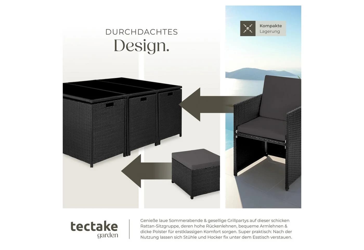 tectake Sitzgruppe New York 14-tlg. Schwarz Grau Beige Poly Rattan - Bild 5