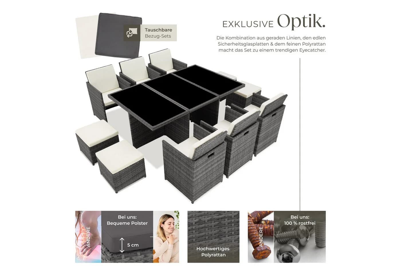 tectake Sitzgruppe New York 14-tlg. Grau/Beige Poly Rattan - Bild 4