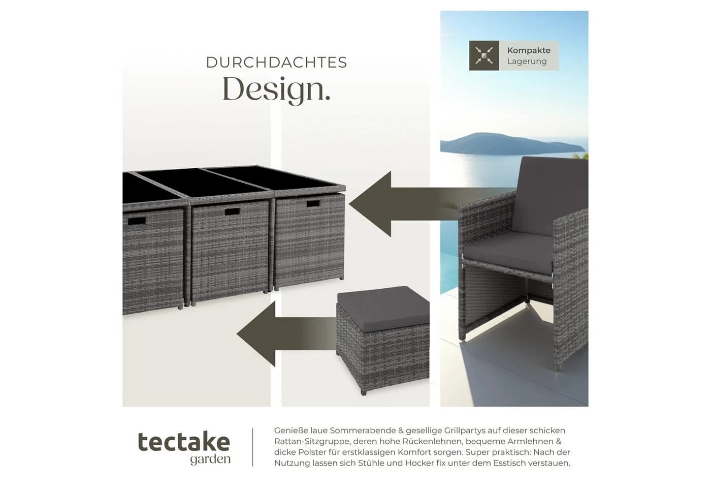 tectake Sitzgruppe New York 14-tlg. Grau/Beige Poly Rattan - Bild 5