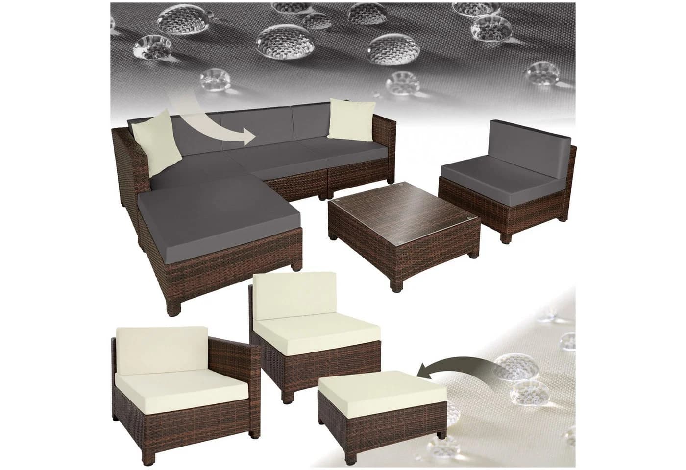 TECTAKE Loungeset Rattan Lounge 6-tlg. Beige/Grau Polyrattan Aluminium - Bild 2