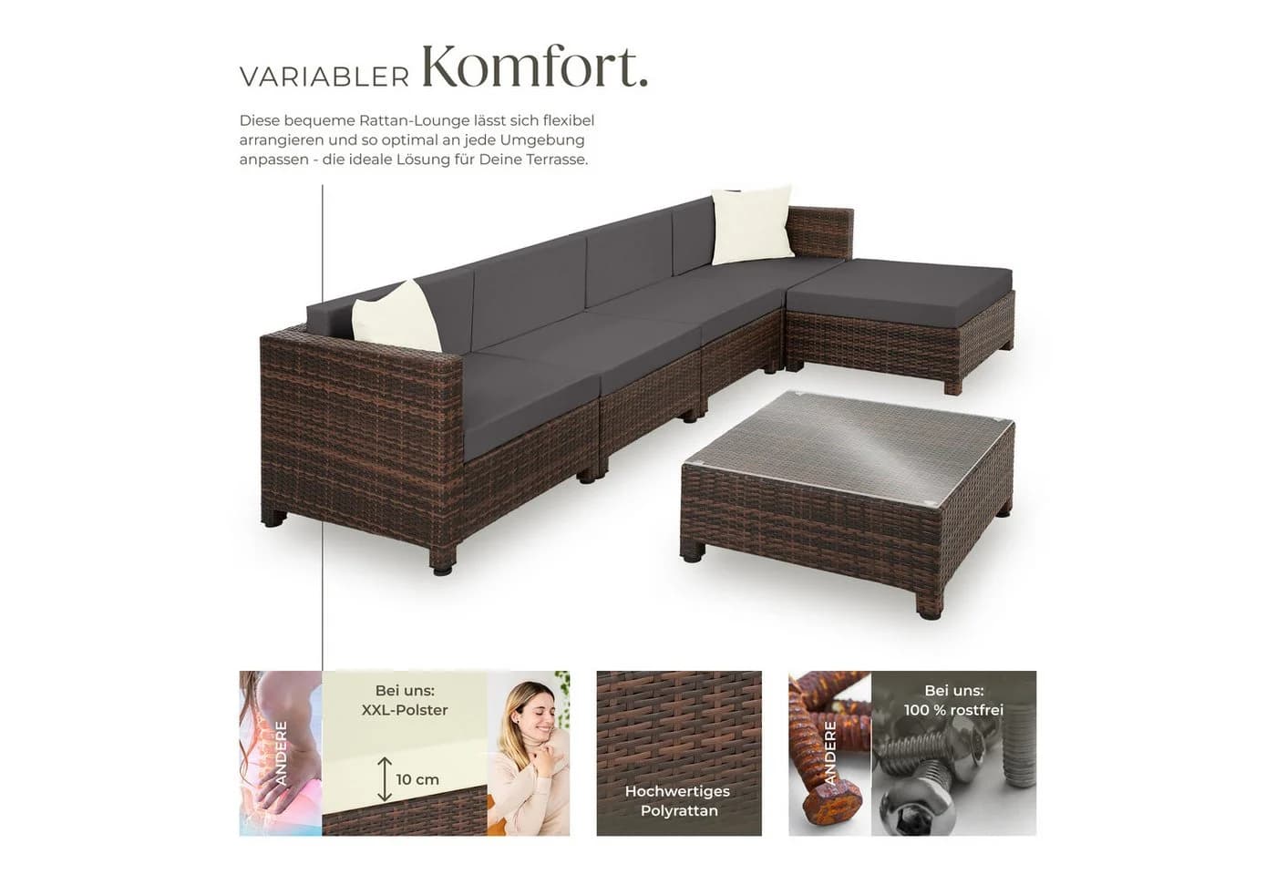 TECTAKE Loungeset Rattan Lounge 6-tlg. Beige/Grau Polyrattan Aluminium - Bild 3