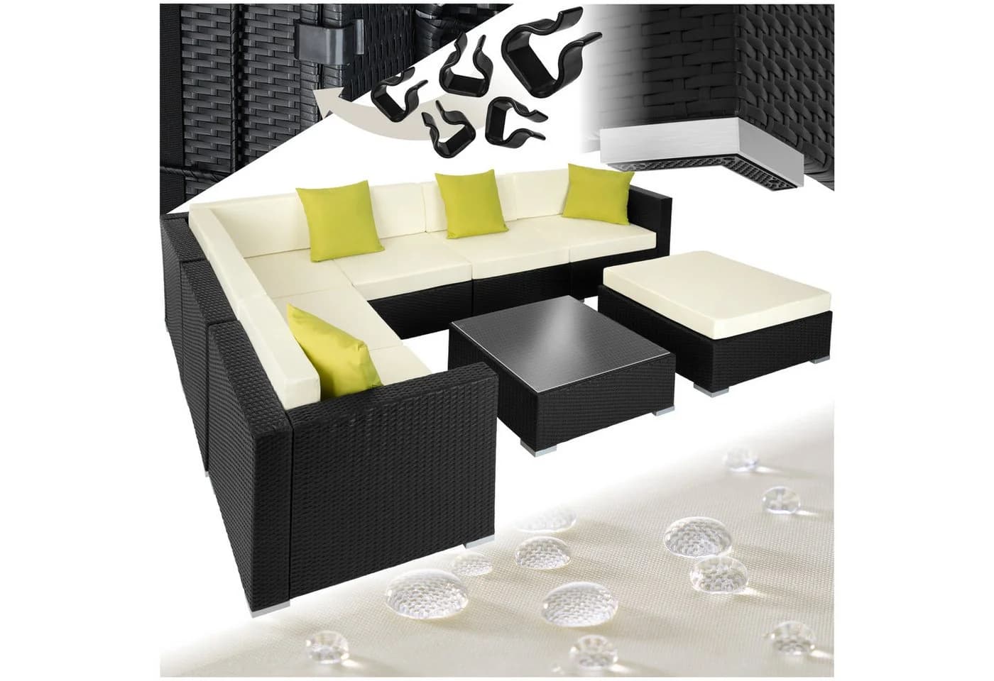 TECTAKE Loungeset Marbella 8-tlg. Schwarz mit Glasplatte & Kissen - Bild 3
