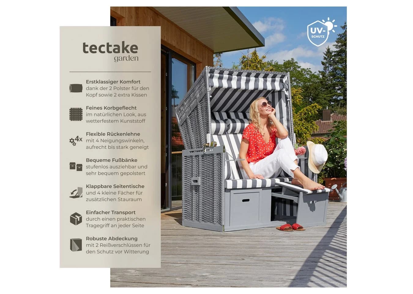 tectake Strandkorb 2-Sitzer Grau/Weiß mit Polster und Schutzhülle - Bild 2