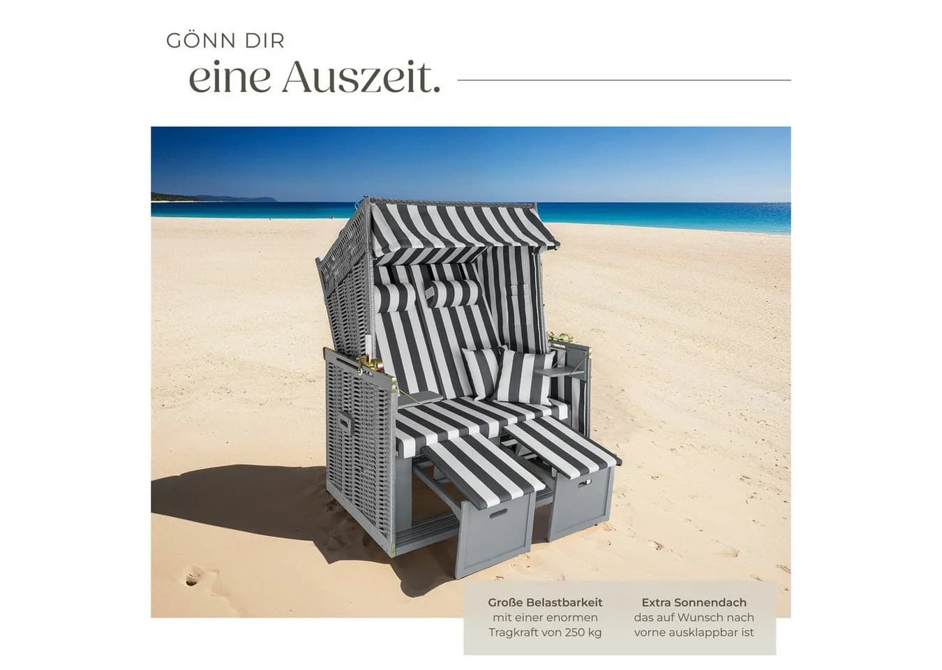 tectake Strandkorb 2-Sitzer Grau/Weiß mit Polster und Schutzhülle - Bild 4