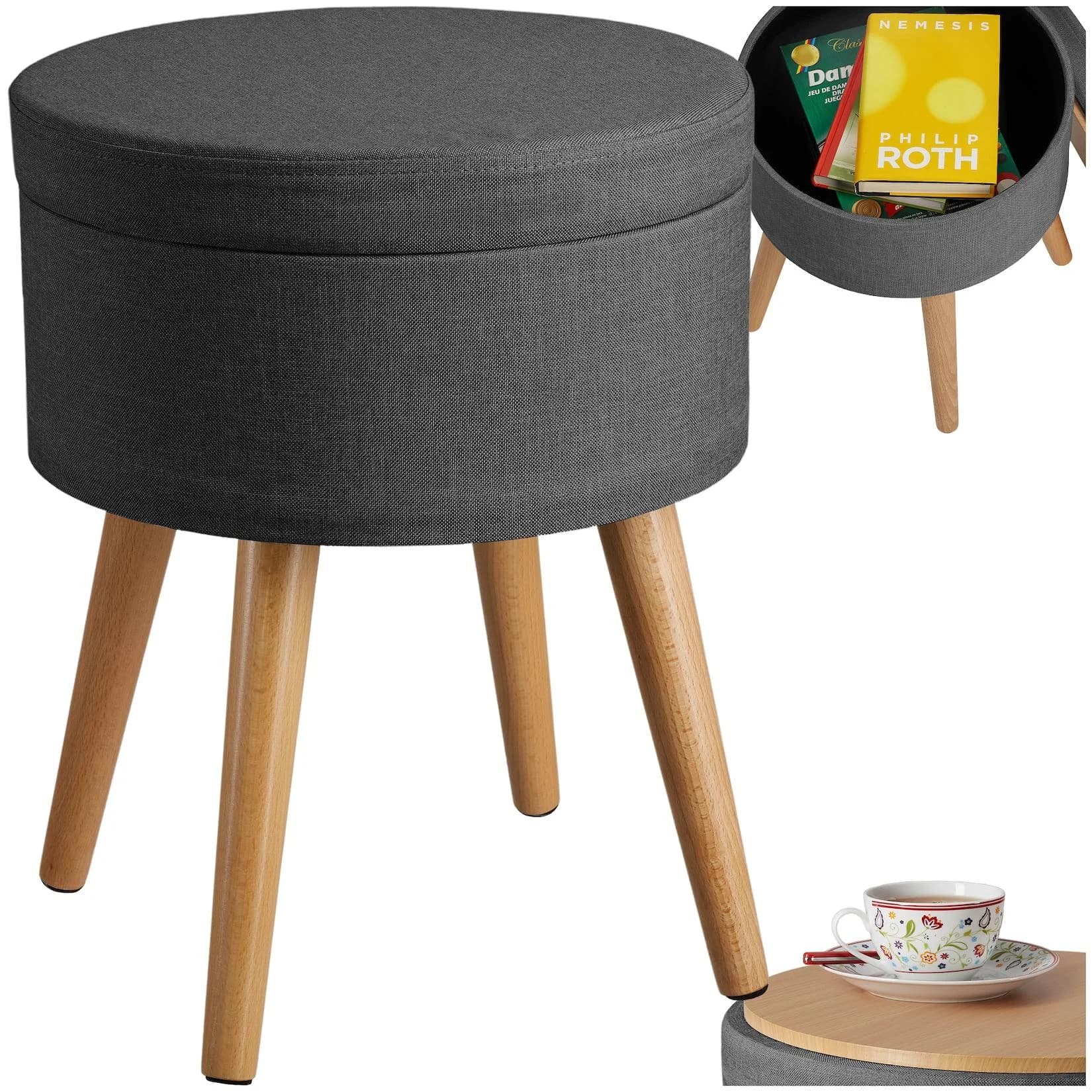 TecTake Sitzhocker mit Stauraum rund gepolstert Leinenoptik