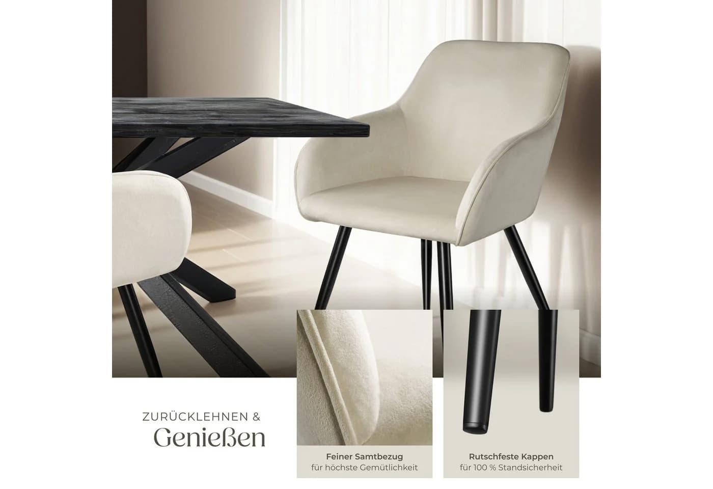 tectake Esszimmerstuhl Marilyn Set 6-tlg. Samtoptik Schwarz - Bild 5