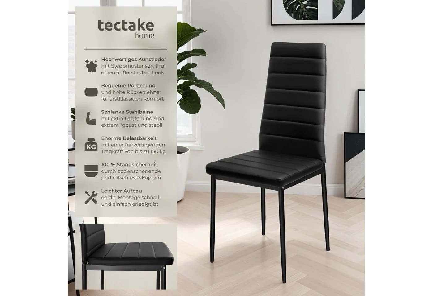 tectake Esszimmerstuhl Set 8-tlg. Schwarz Kunstleder Modern - Bild 2