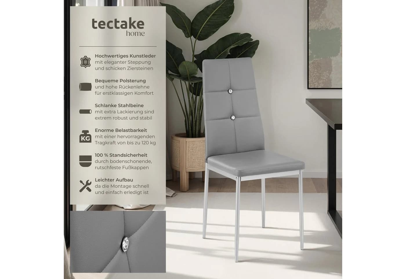 tectake Esszimmerstuhl Set 8-tlg. Grau/Silber Kunstleder mit Glitzersteinen - Bild 2