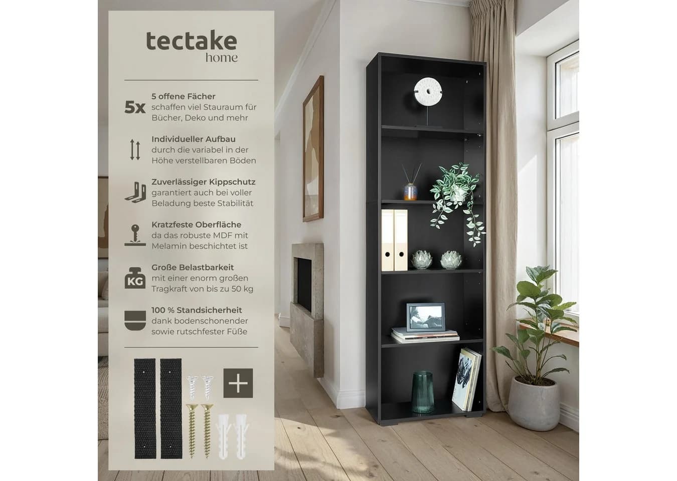 tectake Bücherregal Lexi Schwarz MDF 60x30x190 cm - Bild 2