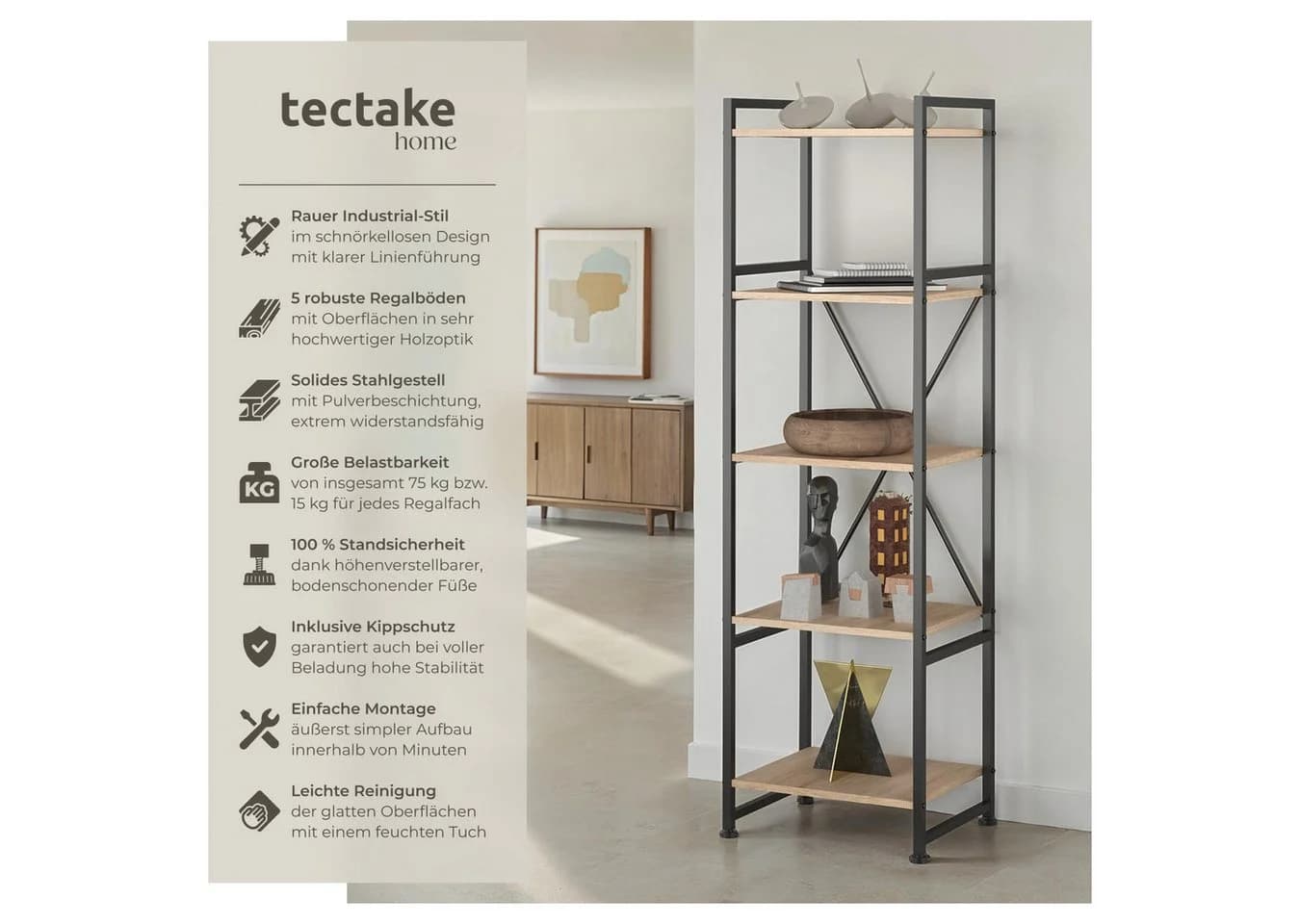 tectake Bücherregal Manchester Industrial Holz Stahl 5 Ebenen - Bild 2