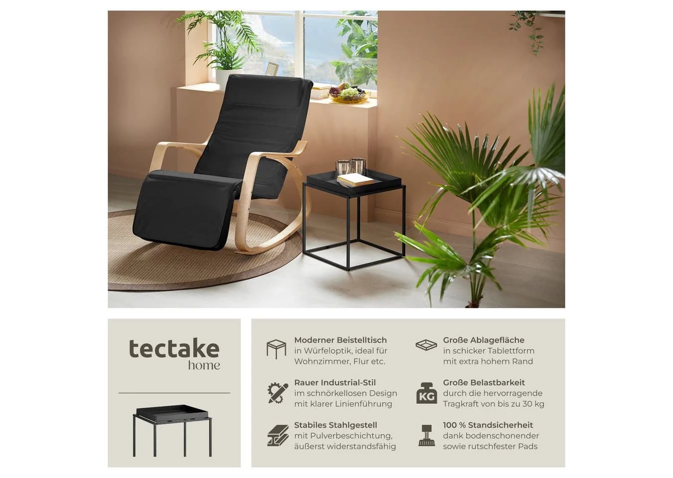 tectake Beistelltisch Cambridge Schwarz Stapelbar Retro-Look