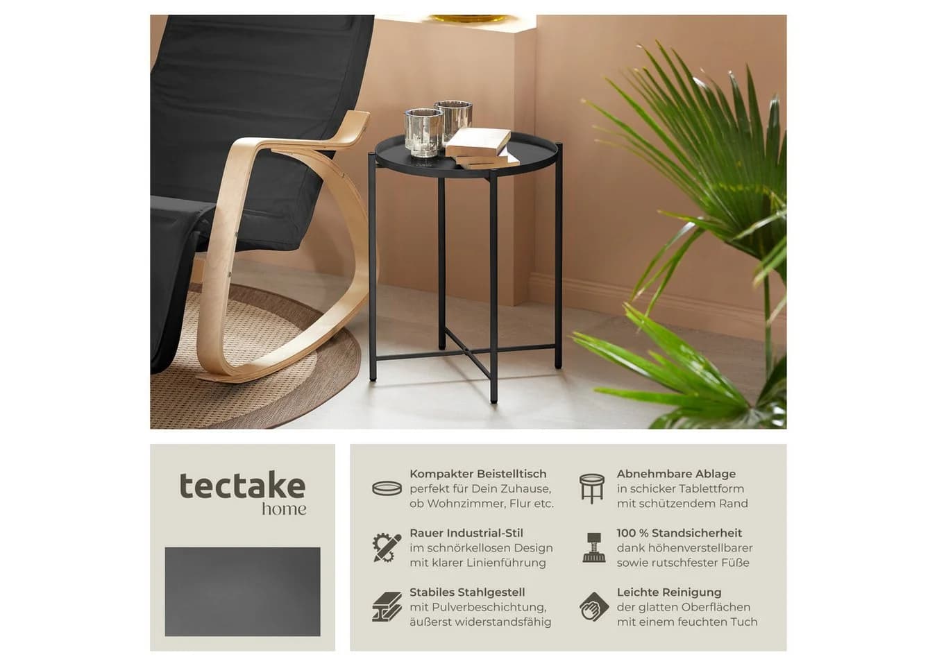 tectake Beistelltisch Chester 1-St. 1 tlg. Abnehmbare Ablagefläche in Tablettform mit schützendem Rand
