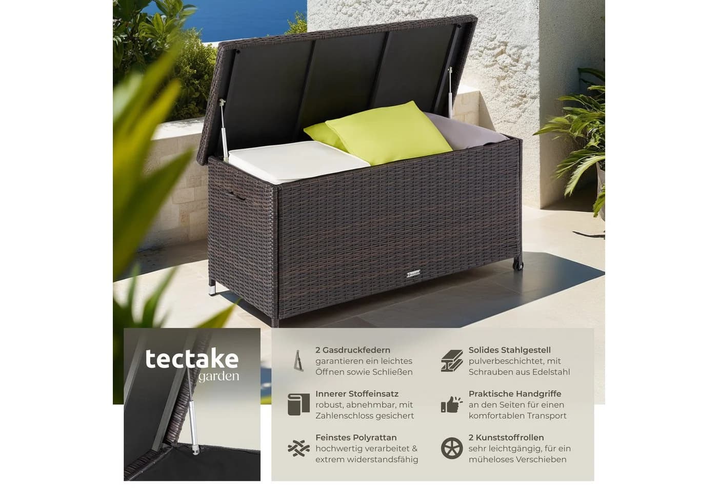 tectake Gartenbox Auflagenbox 270L Braun Polyrattan mit Rollen