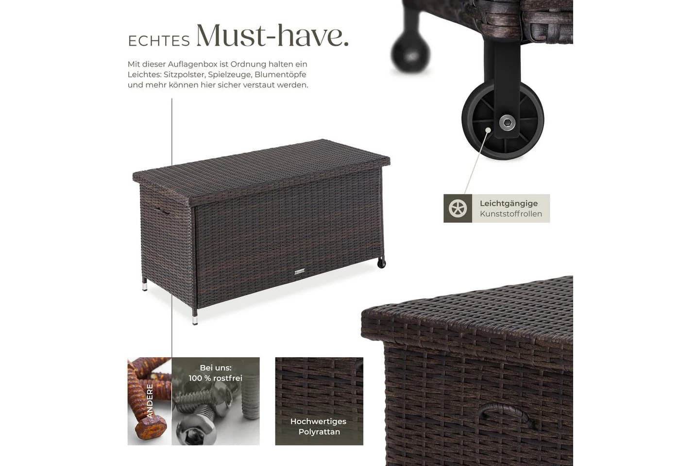 tectake Gartenbox Auflagenbox 270L Braun Polyrattan mit Rollen - Bild 3