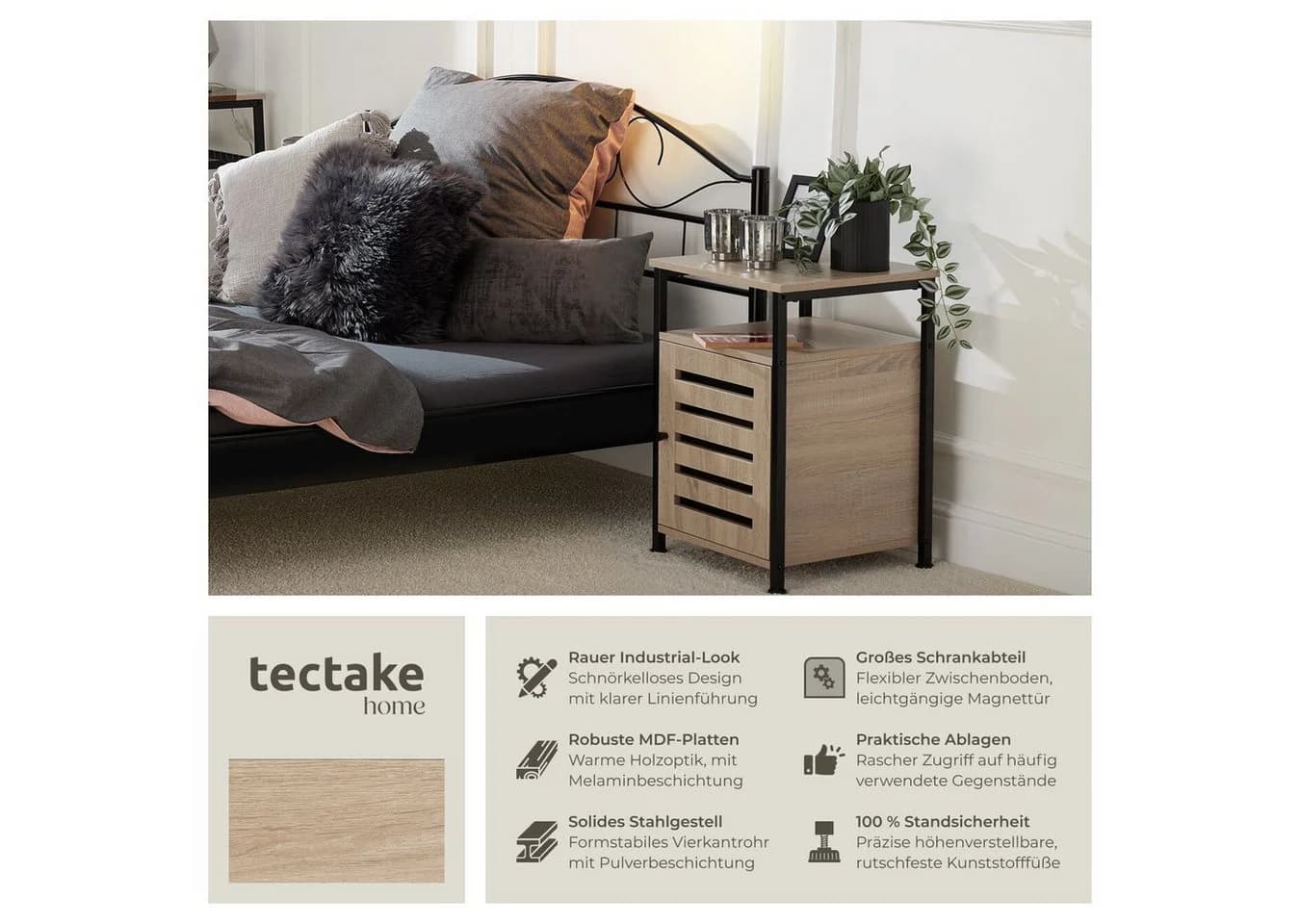 tectake® Beistellschrank Industrial Style 2 Ablagen Staufach Magnettür Einlegeboden