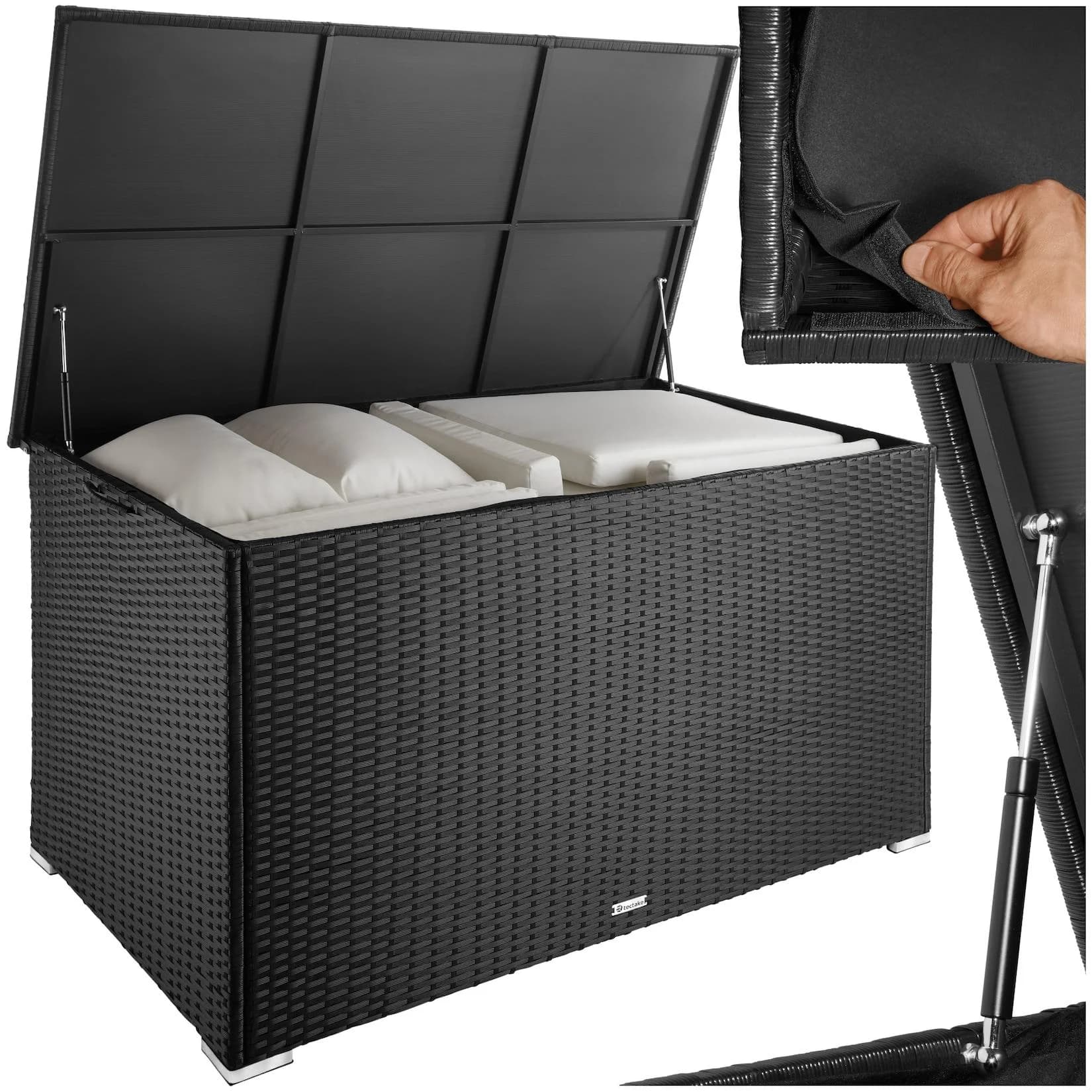 TecTake Aluminium Auflagenbox 750l mit Rattangeflecht und Hubautomatik