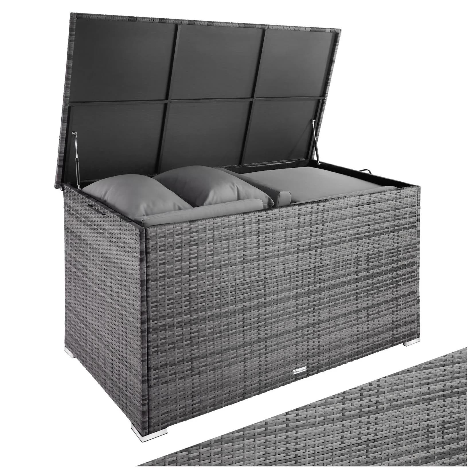 TecTake Aluminium Auflagenbox 750L mit Rattangeflecht und Hubautomatik