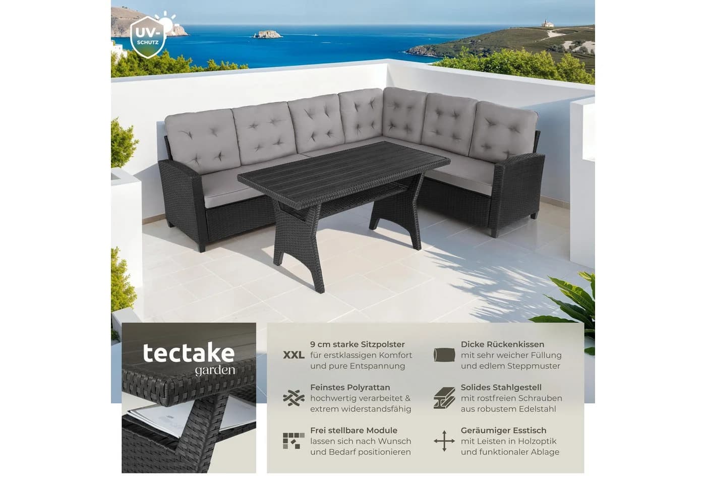 TECTAKE Loungeset Rattan 6-tlg. Schwarz UV-beständig mit Tisch - Bild 2