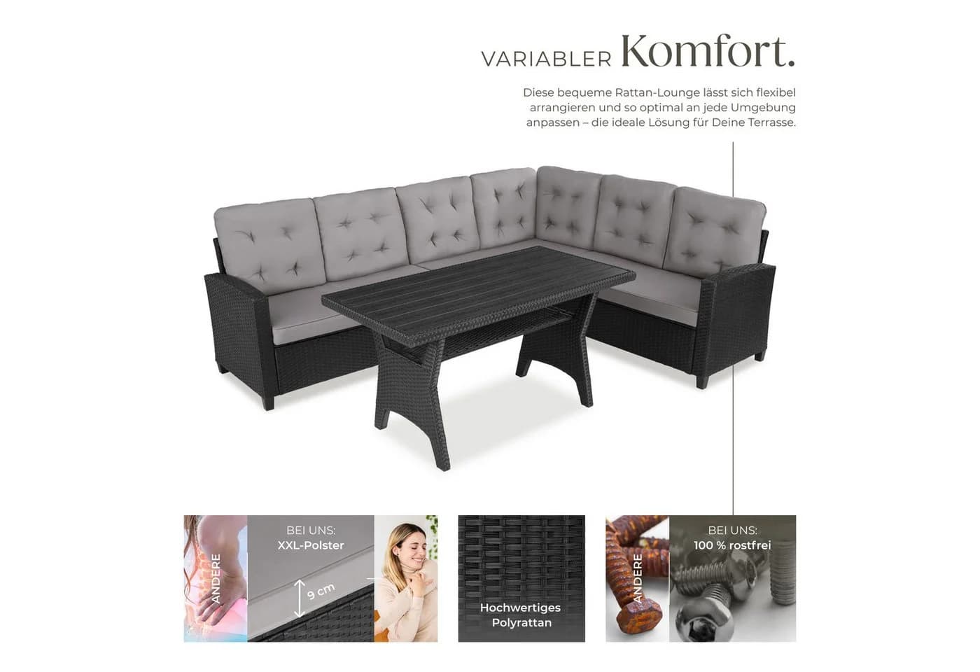 TECTAKE Loungeset Rattan 6-tlg. Schwarz UV-beständig mit Tisch - Bild 4