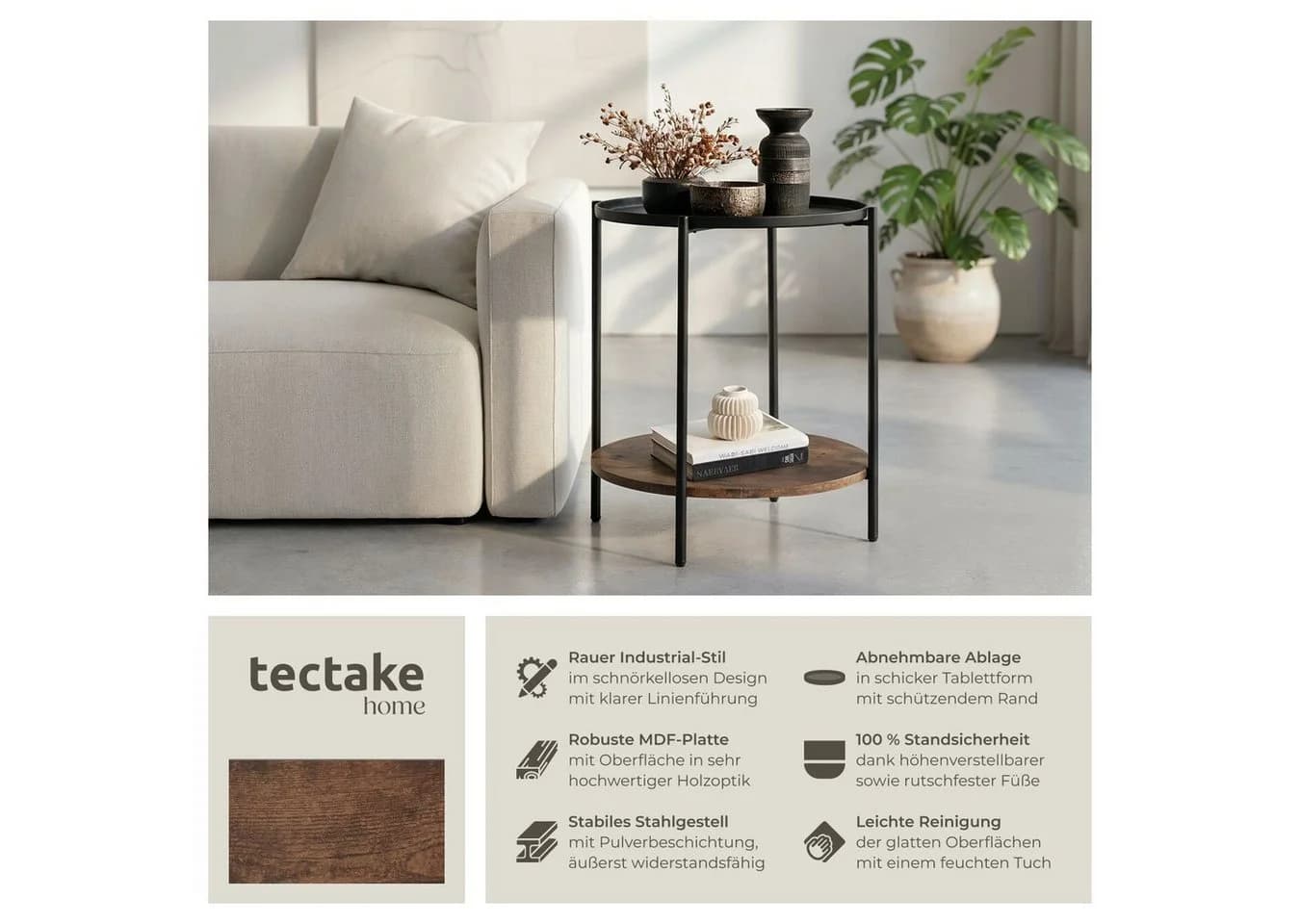 tectake Beistelltisch Couchtisch Sunderland 45,5 x 54,5 cm Industrial Style