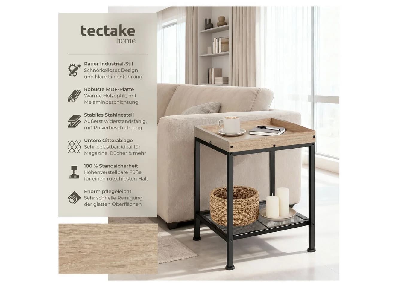 tectake Beistelltisch Rochester Rustikales Industrie-Design Schwarz/Braun