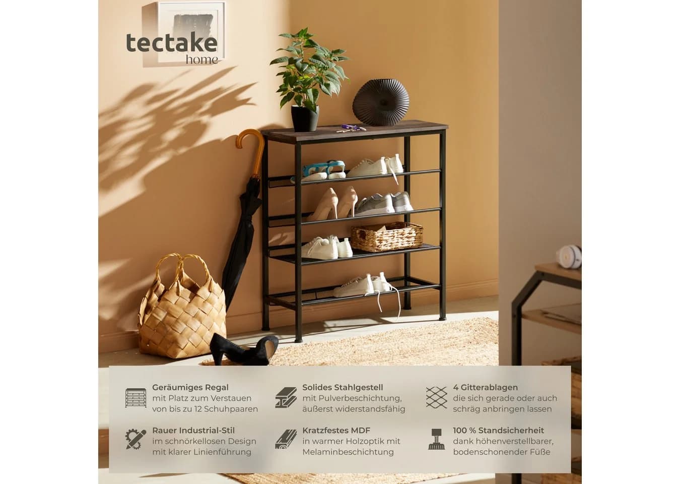 tectake® Schuhregal Industrial Style Ablage und 4 Gitterablagen - Bild 2