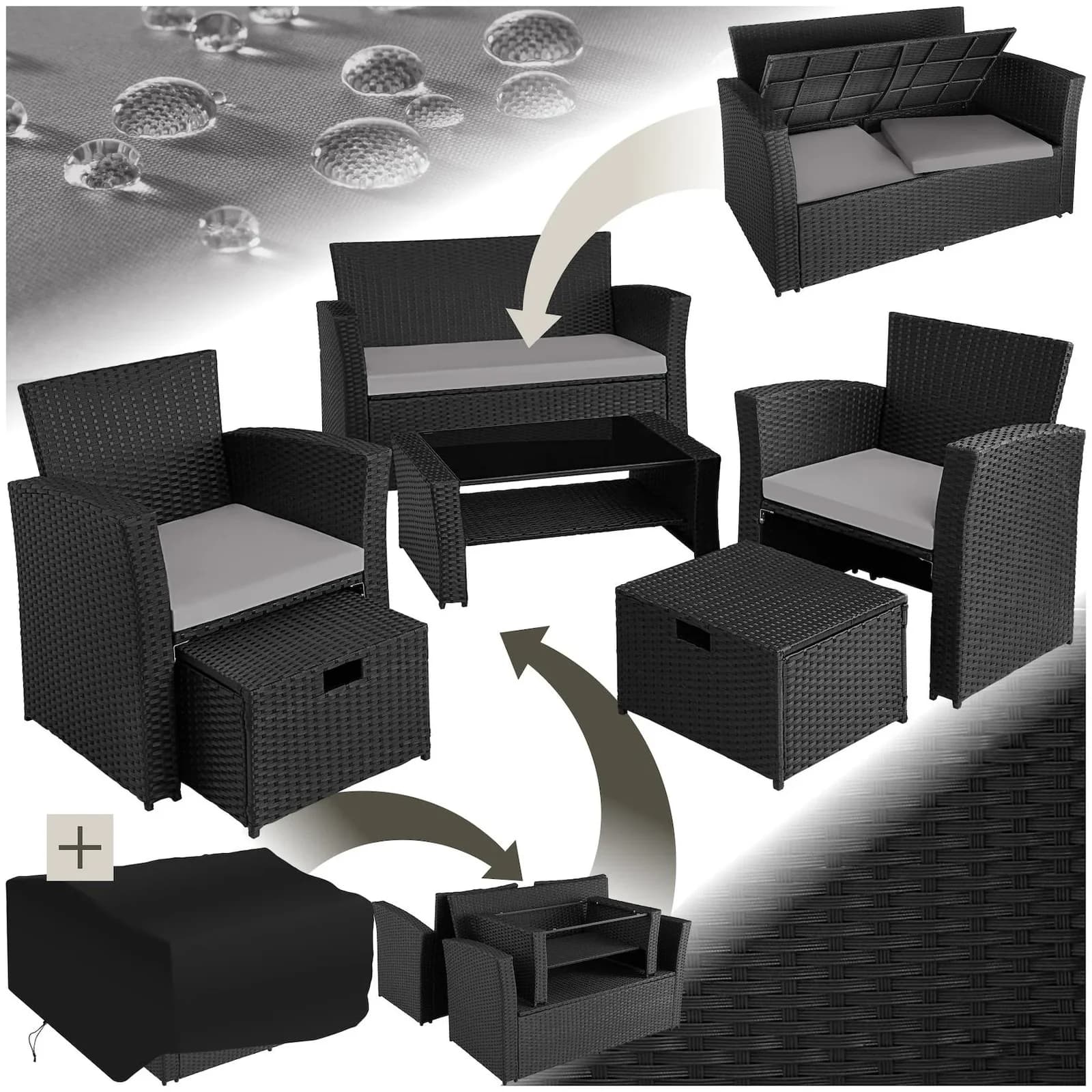 TECTAKE Sitzgruppe Rattan 6-tlg. Schwarz/Grau Poly Rattan