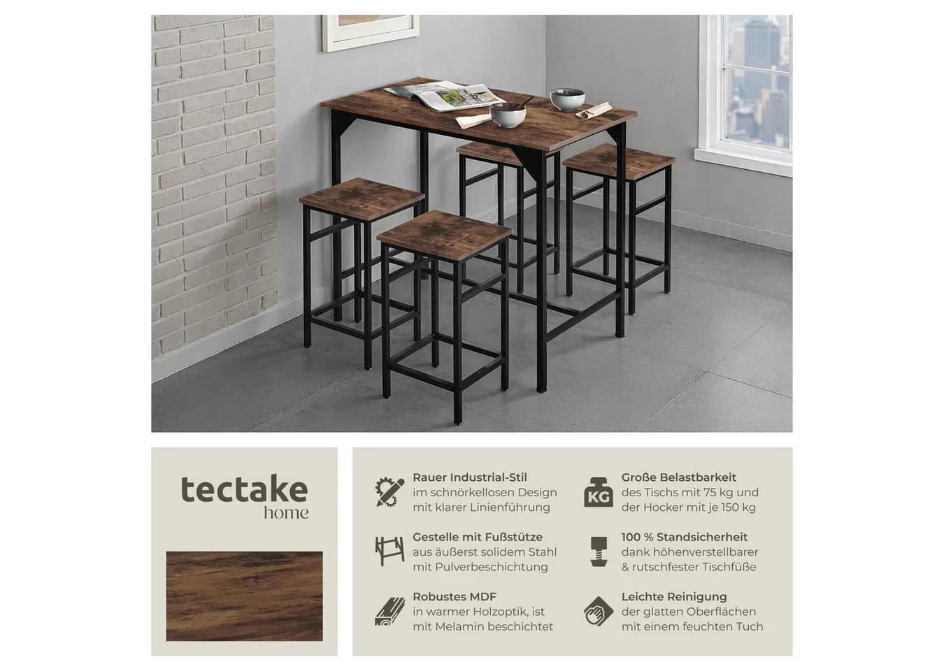 tectake® Bartisch-Set 5-teilig Industrial Style - Bild 2