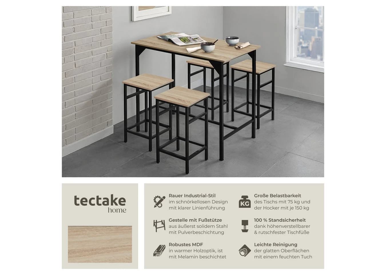 tectake Bartisch-Set 5-teilig Industrial Style - Bild 2