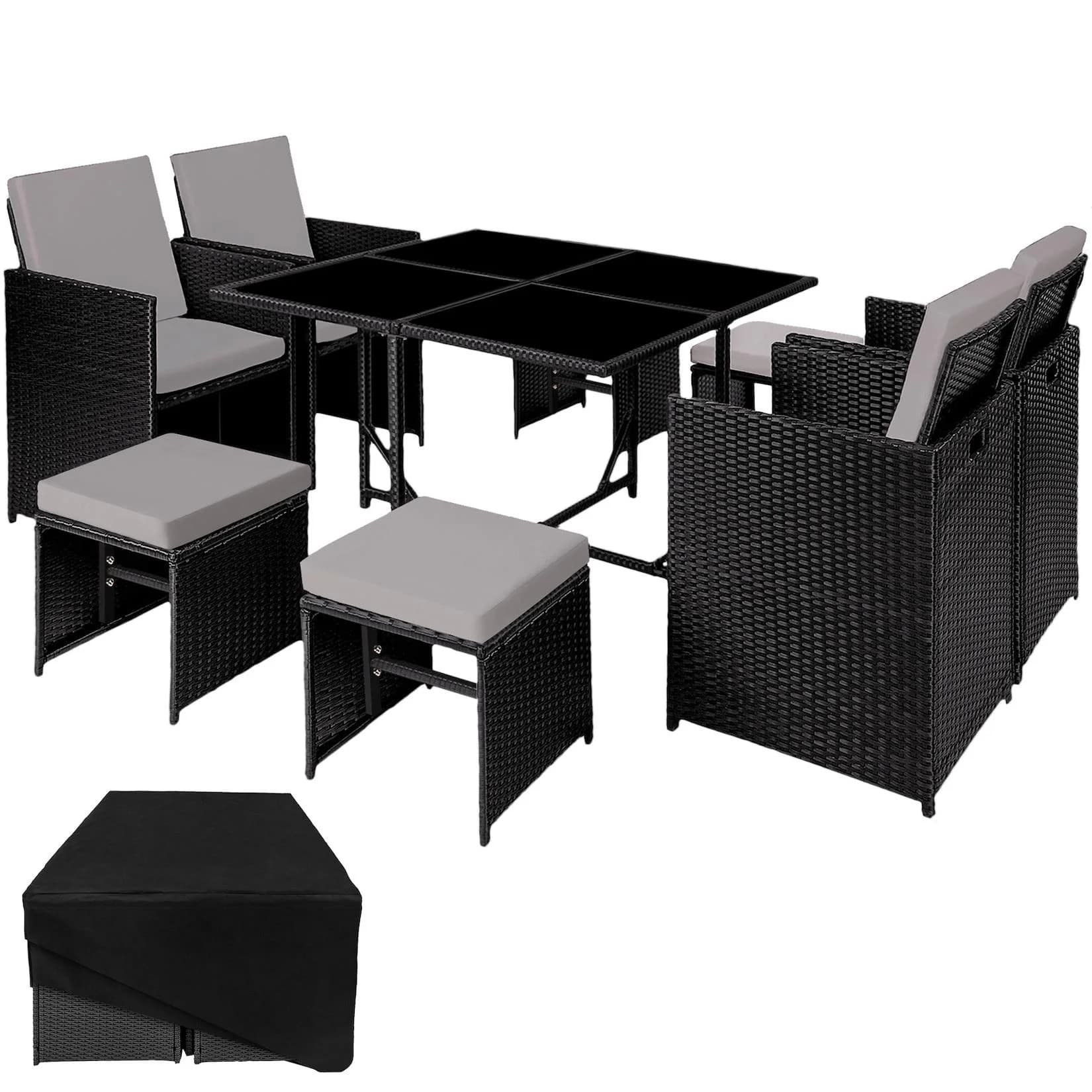 tectake Rattan Sitzgruppe 9-tlg. Schwarz/Grau mit Kissen