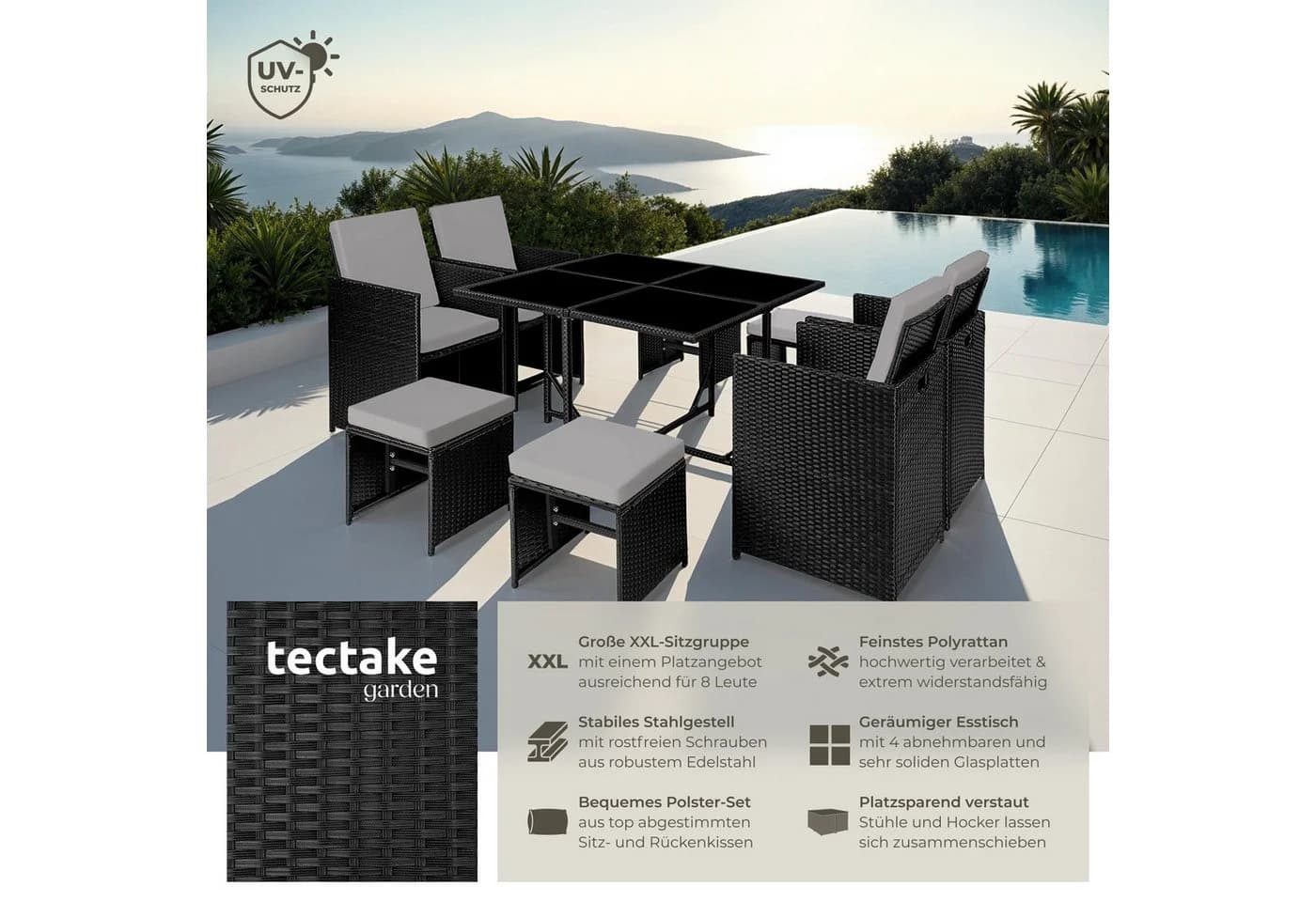 tectake Rattan Sitzgruppe 9-tlg. Schwarz/Grau mit Kissen - Bild 2
